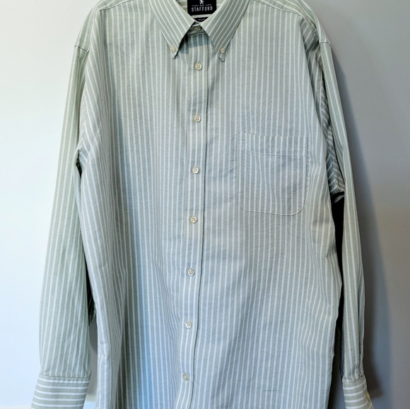 Stafford men's dress shirt wrinkle-free light green and cream stripes size 17 - Picture 2 of 6